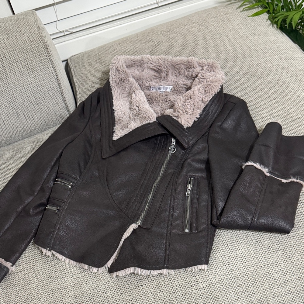 Jennifer Lopez Black Faux Leather Jacket with Cream Lining